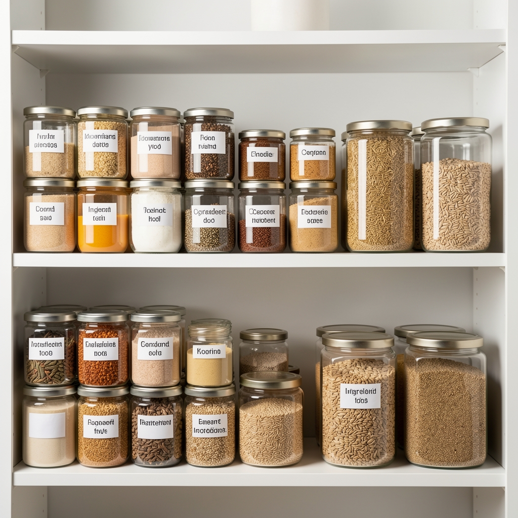 Tidy rows of labelled ingredient jars and whole grain containers on white kitchen shelving, photographed in clean studio lighting