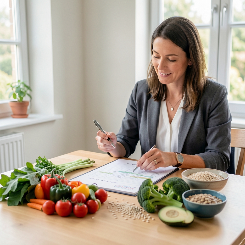 Nutritionist reviewing a structured meal plan with fresh seasonal vegetables and whole grains arranged on a clean wooden table in natural light