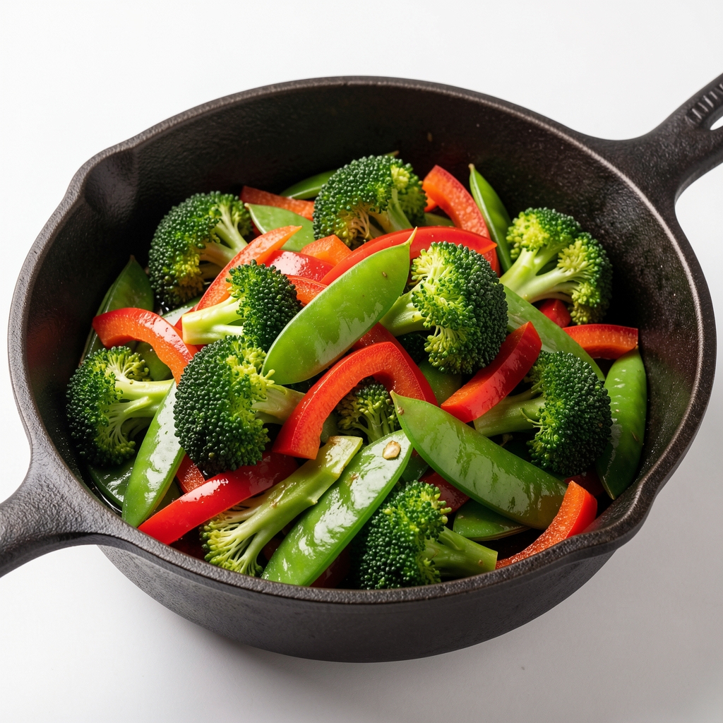 Close-up of a colourful vegetable stir-fry with broccoli, red pepper, and snap peas in a dark cast iron pan under bright studio lighting