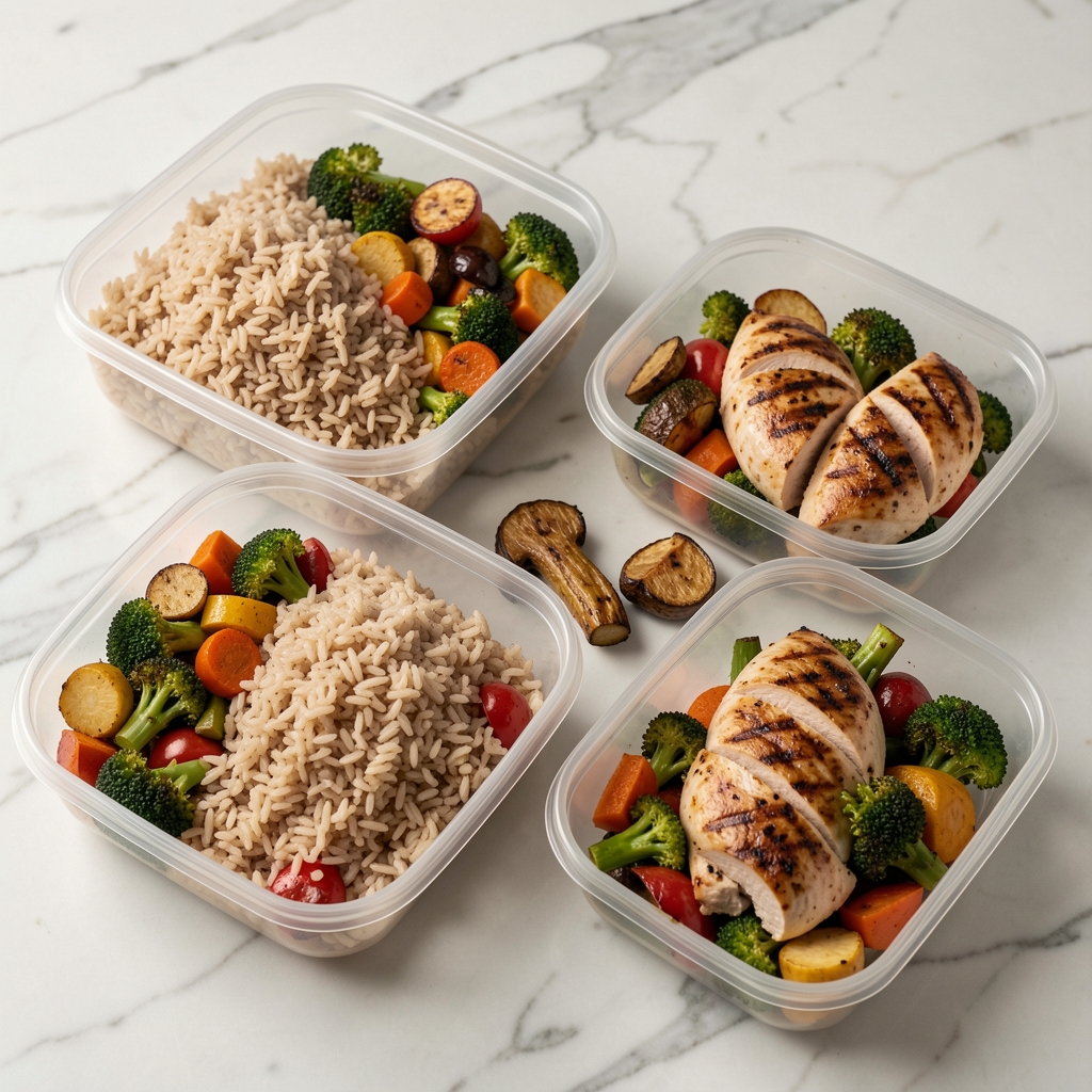 Organised weekly meal prep containers filled with brown rice, roasted vegetables, and grilled chicken breast arranged on a light marble surface