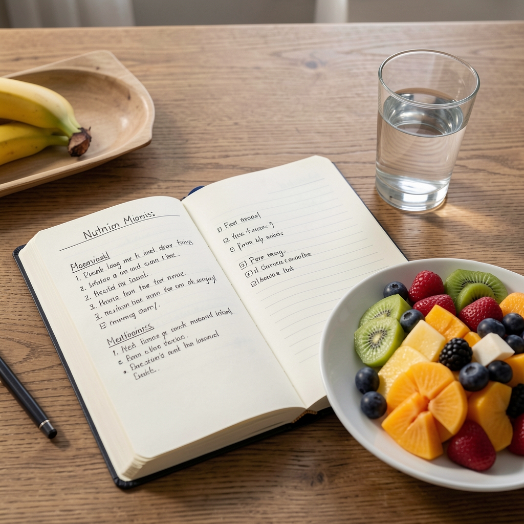 Open nutritionist notebook with handwritten meal plan notes alongside a plate of seasonal fruit and a glass of water on a wooden desk