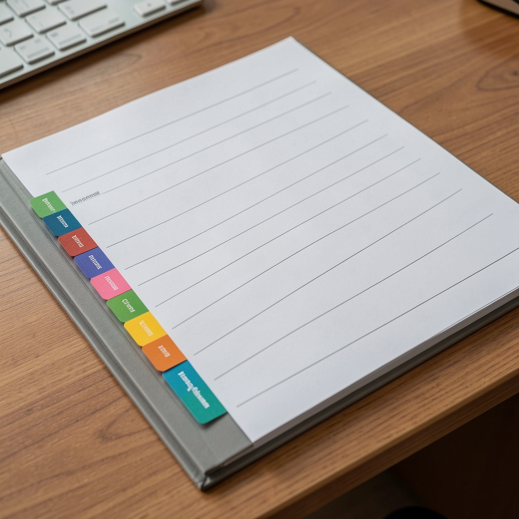 Close-up photograph of a structured intake documentation folder with colour-coded tabs for macronutrient categories laid open on a wooden desk