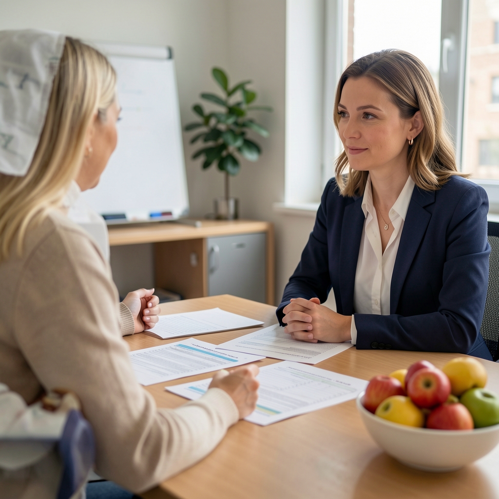 Nutritionist sitting across from a client at a consultation table with printed intake record forms, a bowl of fresh fruit visible nearby