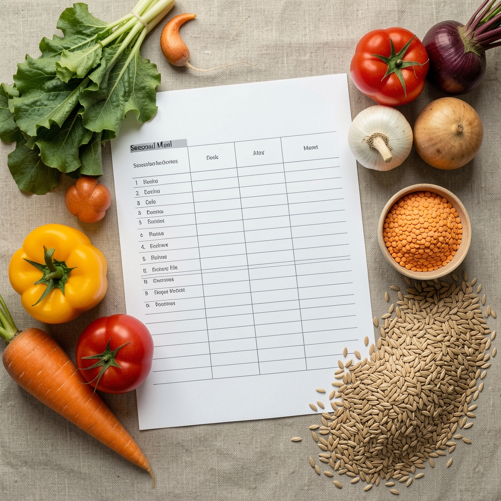 Flat lay of a structured seasonal meal plan document next to fresh whole vegetables, lentils, and grains arranged on a neutral linen surface
