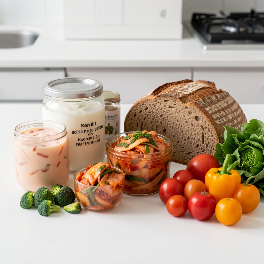 Variety of fermented and gut-friendly foods including kefir, kimchi, whole rye bread, and colourful vegetables arranged on a clean white kitchen surface